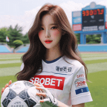 a woman holding a soccer ball with the word sbobet on her shirt