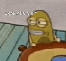 a cartoon character says " dramatic ahh " while sitting in a car .