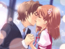 a boy and a girl are kissing in front of a window while holding hands .