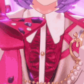 a close up of a person wearing a bow tie and pearl necklace