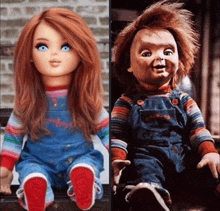 two dolls are sitting next to each other one is a girl and one is a boy