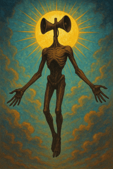 a painting of a monster with a siren head and a sun behind him