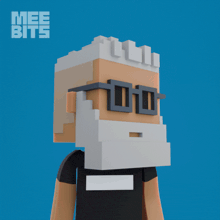 a man with glasses and a beard is on a blue background with mee bits written on it