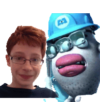 a boy wearing glasses and a blue hard hat stands next to a monsters inc character