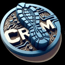 a blue and brown circle with the word crm written on it