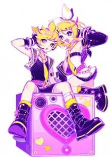 a couple of anime characters sitting on top of a purple box