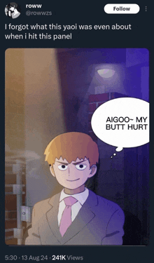 a cartoon of a man in a suit and tie with a speech bubble that says aigoo my butt hurt