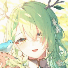 a close up of a girl with green hair and antlers holding a small bird .