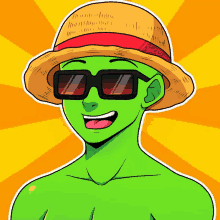 a green man wearing a straw hat and sunglasses is smiling