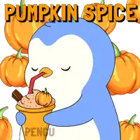 a penguin drinking pumpkin spice from a cup