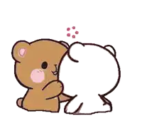 a brown teddy bear and a white teddy bear are hugging each other with hearts flying around them .