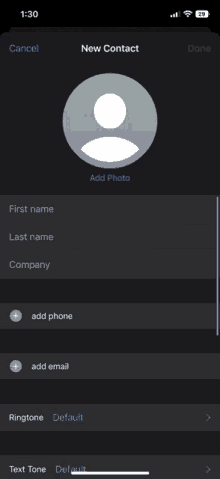 a phone screen shows a new contact page