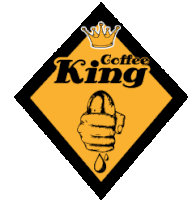 a logo for coffee king with a hand and a drop