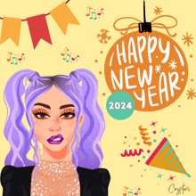 a drawing of a woman with purple hair and a happy new year 2024 sign