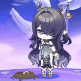 a girl with long black hair and horns is standing in front of a purple background
