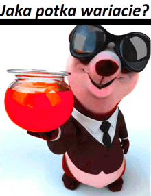 a cartoon panda wearing sunglasses and a suit holds a bowl of red liquid