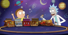 a cartoon of rick and morty playing with a train set