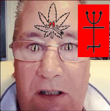 a man with a marijuana leaf on his forehead and a trident