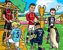 a cartoon of soccer players holding hands with a penguin and a trophy