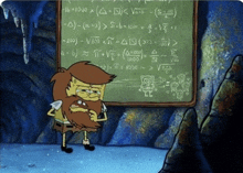 a cartoon character with a beard is standing in front of a chalkboard with math problems on it