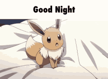 a cartoon eevee is laying on a bed with its mouth open and the words good night below it