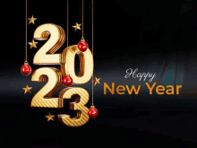 a happy new year greeting card with gold numbers and christmas balls hanging from the ceiling .