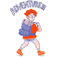 a cartoon illustration of a person carrying a backpack and the word adventure behind them