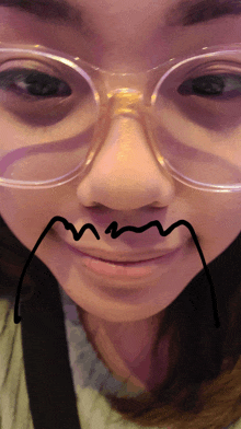 a close up of a woman 's face with glasses and a mustache drawn on it