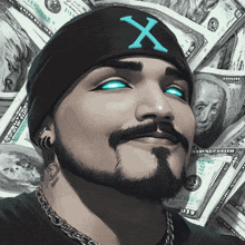 a man wearing a black hat with a blue x on it is surrounded by hundred dollar bills