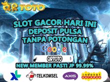 an ad for slot gacor hari ini deposit pulsa tanpa potongan with logos for telkomsel axis and indosat