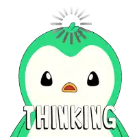 a green and white penguin with the word thinking written below it