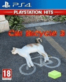 a cat is riding a bicycle on the cover of a playstation hits video game
