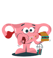 a cartoon illustration of an uterus eating a chocolate bar and holding a hamburger and a drink that says rio