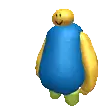 a cartoon character with a blue shirt and yellow arms and legs is standing in front of a white background .