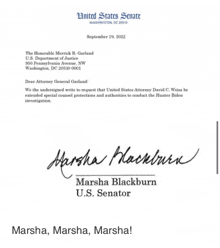 a letter from marsha blackburn u.s. senator to the honorable merrick b garland u.s. department of justice