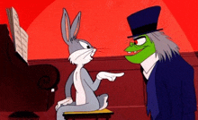 bugs bunny is sitting at a piano and pointing at a green monster .