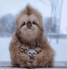 a stuffed sloth with three baby sloths in its arms