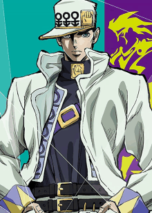 a man wearing a white jacket and a hat that says jojo on it