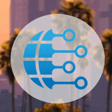 an icon of a globe with arrows pointing to it is surrounded by palm trees