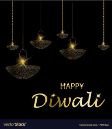 a happy diwali greeting card with gold hanging diyas