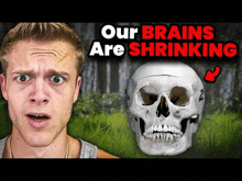 a man is standing next to a skull with the words `` our brains are shrinking '' written above him .