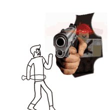 a hand is pointing a gun at a cartoon character