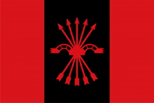 a red and black flag with arrows coming out of the middle