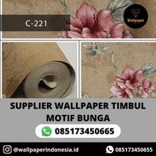 a roll of wallpaper that says supplier wallpaper timbul motif bunga on the bottom