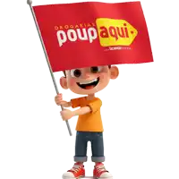 a cartoon character holding a red flag that says drogarias poup aqui