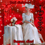 a woman in a white dress is sitting at a table with the words buenos dias in red