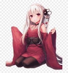 a girl with long white hair and red eyes is wearing a red kimono