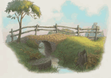 a drawing of a stone bridge with a wooden fence