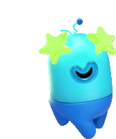 a blue cartoon character with stars on his eyes and a smile on his face