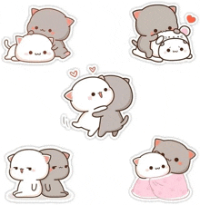 a set of cute stickers of cats hugging each other on a white background .